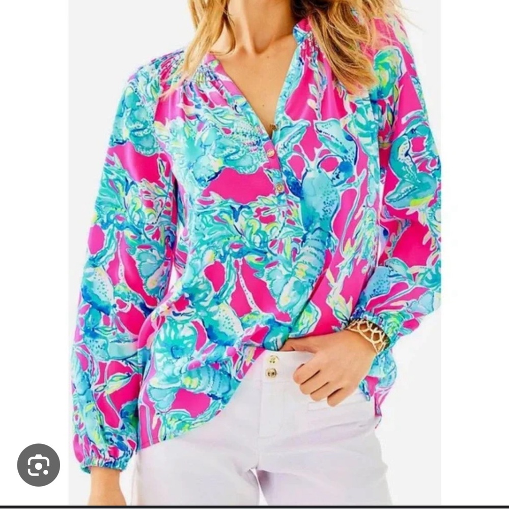 Lilly Pulitzer Elsa Silk Top Blouse Raz Berry Lobsters In Love Medium M preowned